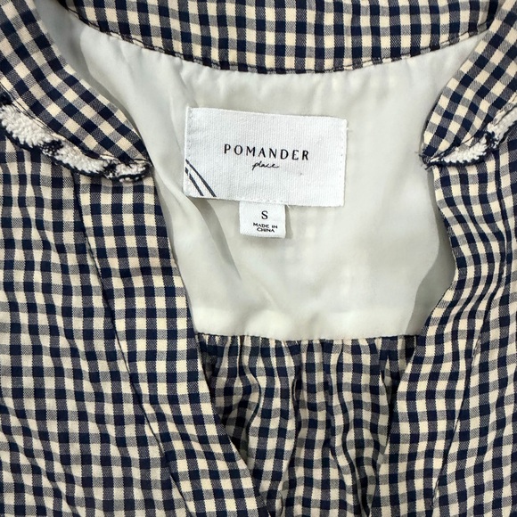 Pomander Place Navy Gingham Tiered Babydoll Mini Dress Smocked Cuffs Size S EUC - Picture 7 of 8